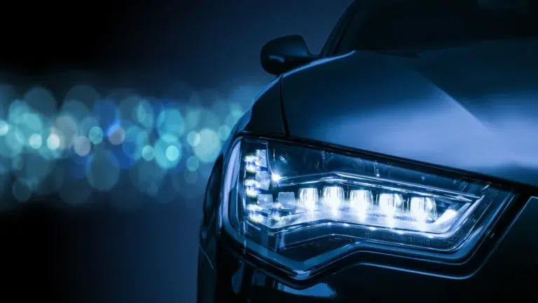 A close-up of an illuminated modern LED headlight on a luxury vehicle, highlighting premium mercedes spare parts.