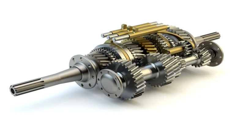 A detailed 3D rendering of internal mechanical gears and shafts from a vehicle transmission, representing a bmw gearbox.