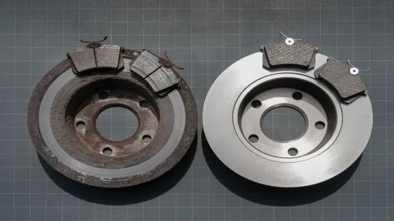 A side-by-side comparison of a worn-out, rusty brake assembly and new, clean bmw auto parts.