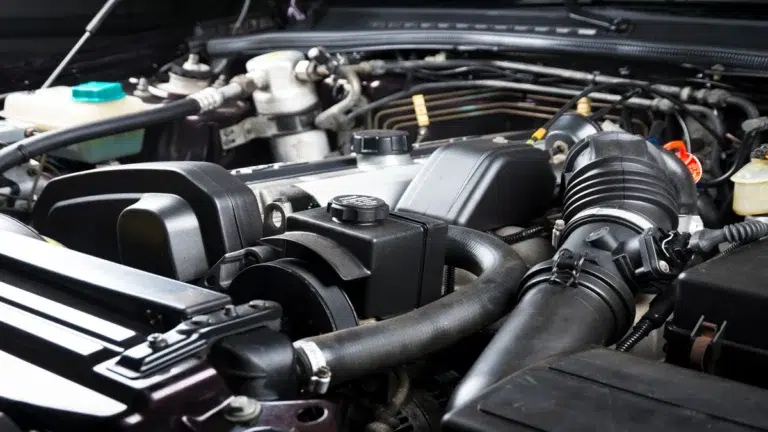 Close-up view of a Range Rover engine bay showing components under the bonnet.
