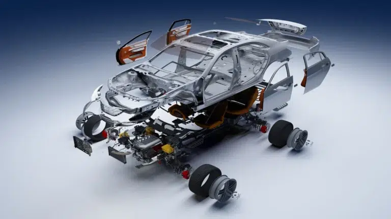 View of a car frame showing body panels, wheels, and engine components for BMW spare parts Malaysia.