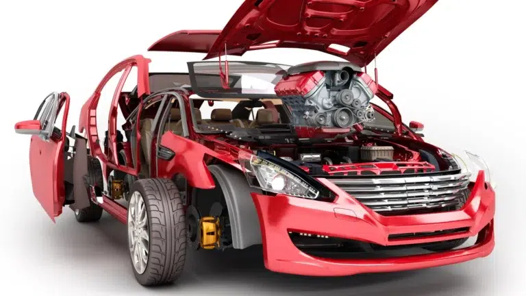 Cutaway view of a red car displaying body panels, engine components, and brakes for Mercedes spare parts.