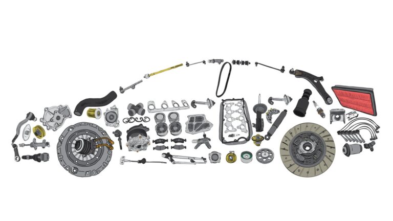 Auto parts arranged in the shape of a car silhouette from Mercedes used parts supplier Sun Eng Hup.